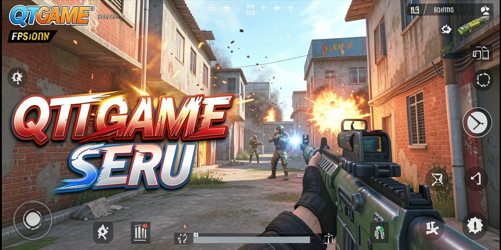 Screenshot gameplay QTGAME dengan aksi tembak-menembak yang intens.